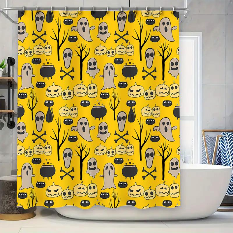 

Halloween Decorative Shower Curtain with Ghosts and Skulls Festive Halloween Bath Mat Set in Black and Yellow Fabric for Home De 90X180CM