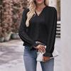 Women's Fashion Solid Color V-neck Long Sleeved Pullover T-shirt Top