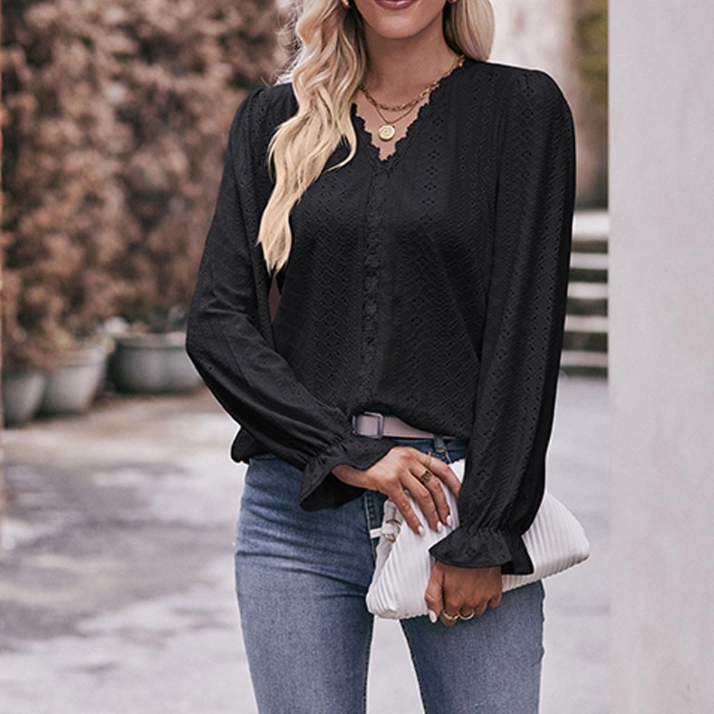 Women's Fashion Solid Color V-neck Long Sleeved Pullover T-shirt Top