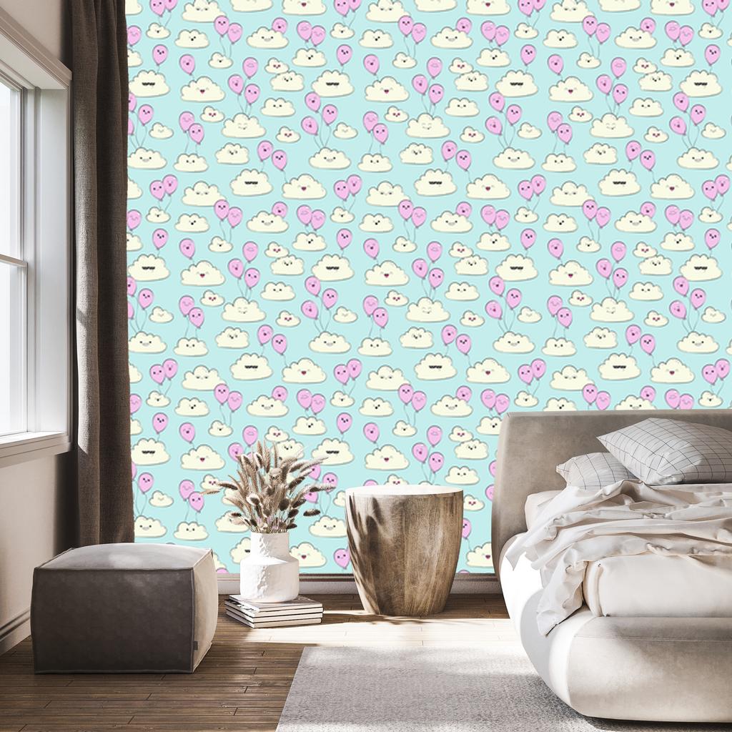 Joyful Clouds and Pink Balloons Wallpaper for Living Room and Bedroom 50x1000