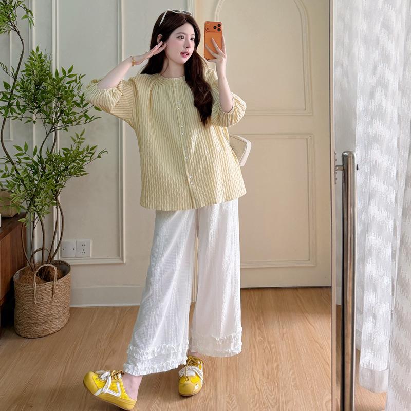 Elegant Maternity Top & Lace Pants Set - Loose Fit, Lightweight, Belly-Concealing L