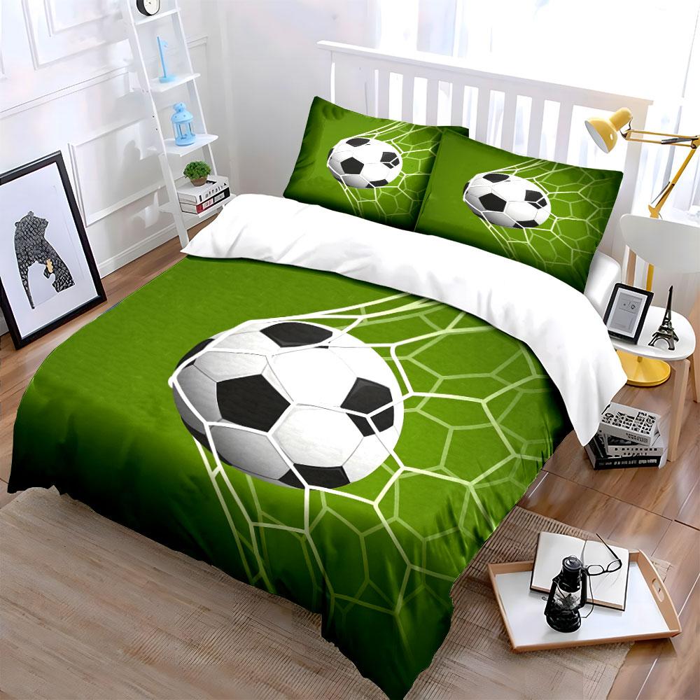 Fußball in verschiedenen Größen im Netz. Bedrucktes Bettwäsche-Set 1 Bettbezug 2 Kissenbezüge für Erwachsene und Kinder Luxuriöses Geschenk Vollgröße