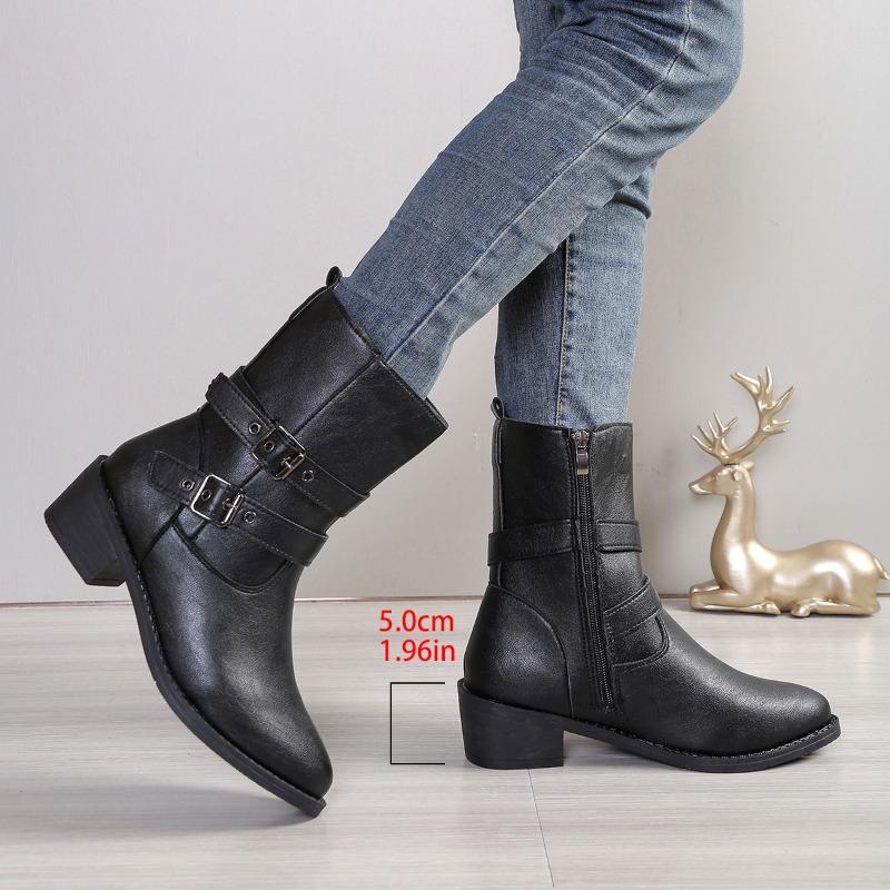 Herbst und Winter neue Gürtelschnalle dicker Absatz Martin Stiefel Retro Seitenreißverschluss Westernstiefel mittlerer Absatz spitz zulaufende Damenstiefel