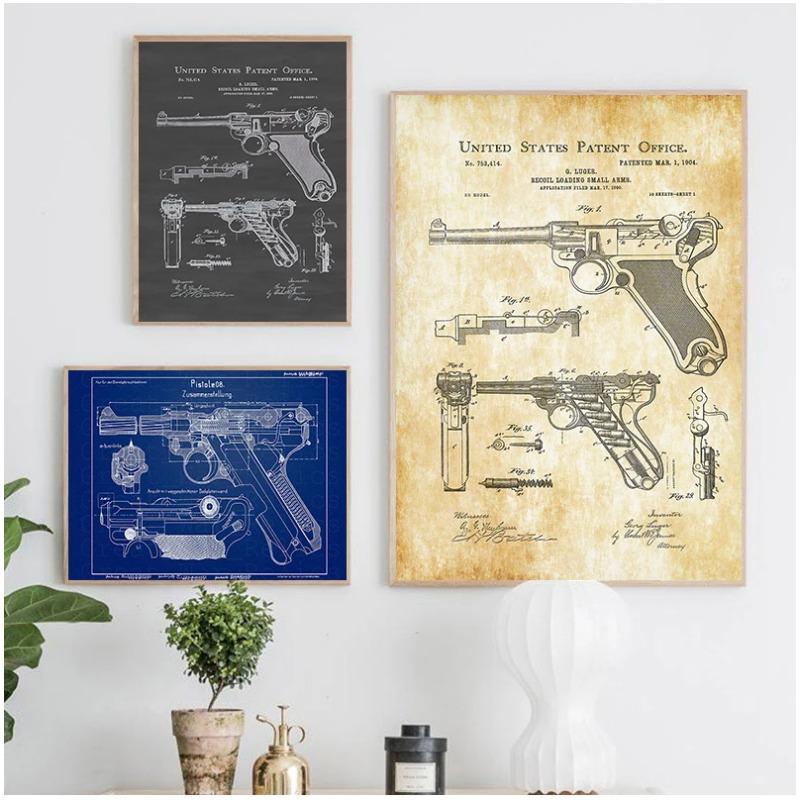 Gun Blueprint Luger Pistol Patent Chart Canvas Painting Posters And Prints Wall Pictures For Living Room Decoration Home Decor