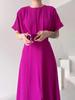 European & American Solid Color Round Neck Short Sleeve Slim Fit Long Dress with Waist Belt