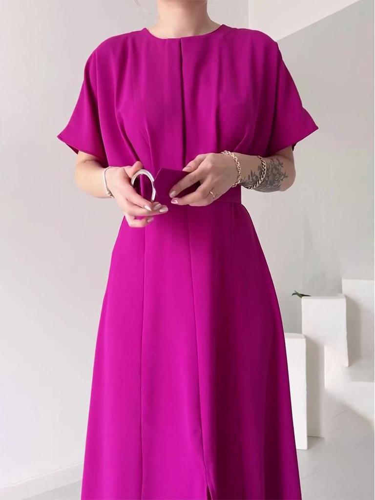 European & American Solid Color Round Neck Short Sleeve Slim Fit Long Dress with Waist Belt