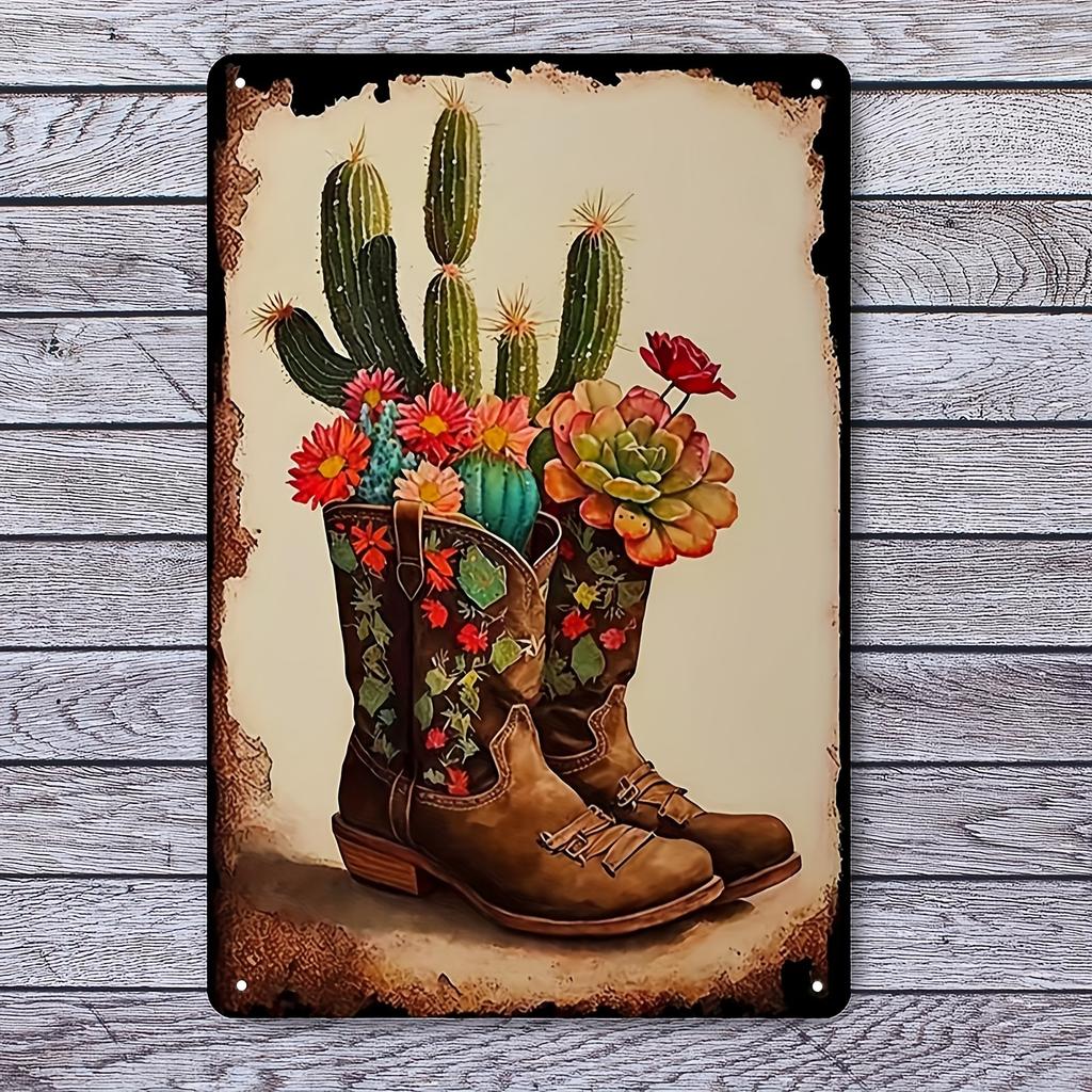 Traditional Iron Tin Sign Cactus Boots with Floral Accents Vintage Wall Art Decor Multipurpose Unframed Metal Plaque for H