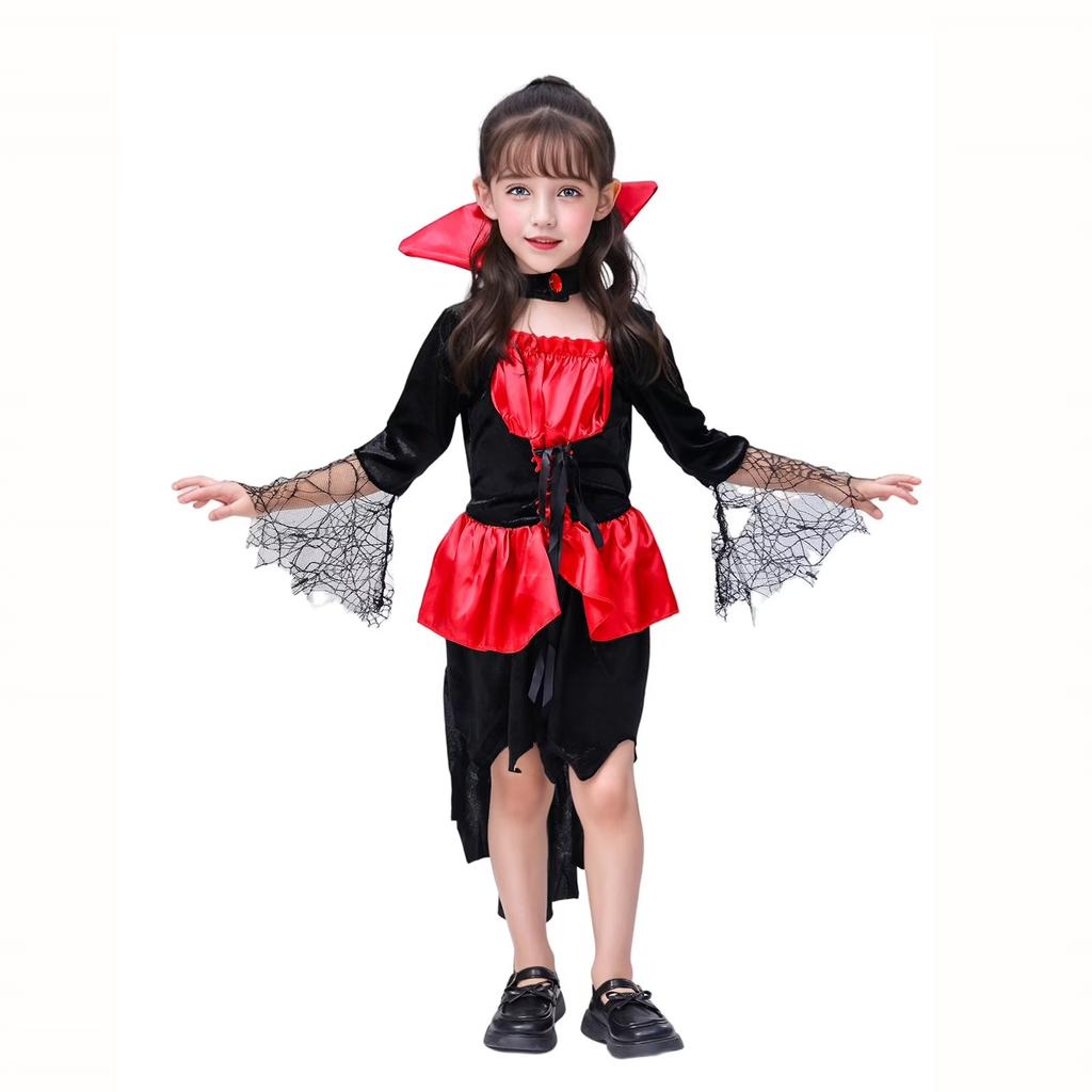 Children Vampire Costume Halloween Dress Up Outfit Kids Gothic Vampire Cloak Dress with Collar and Lace Sleeves for Role Play