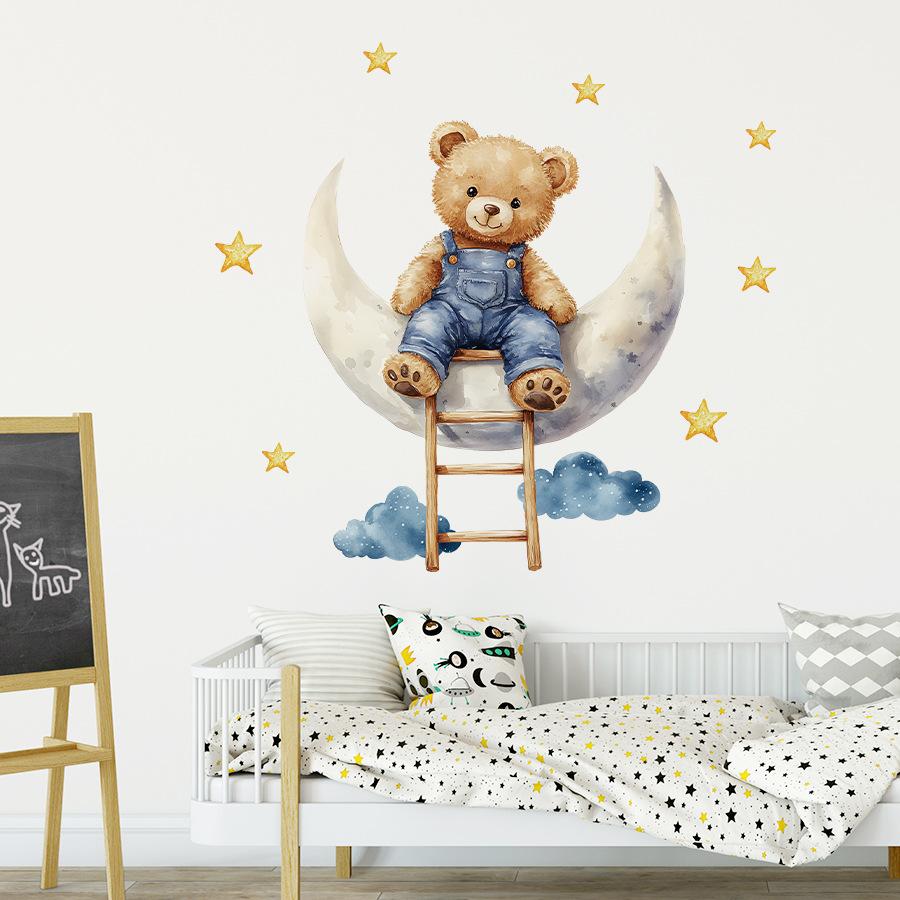 Cartoon Teddy Bear Sitting On Moon Self Adhesive Wall Stickers for Kids Room Nursery Baby Bedroom Decoration Decals