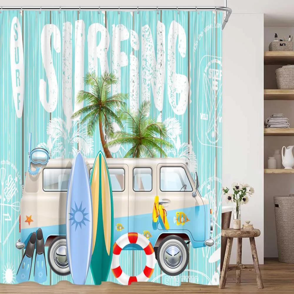 Small Stall Rv Shower Curtain Rustic Tree Mountain Adventure Tent Travel Trailer Bathroom Accessories Set With Hook