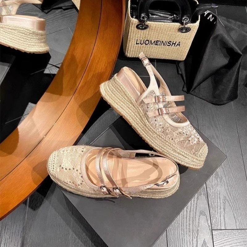 Summer Closed Toe Sandals Women's 2025 New Lace Mesh Hollow Breathable Platform Shoes Straw Fisherman Shoes with Skirt