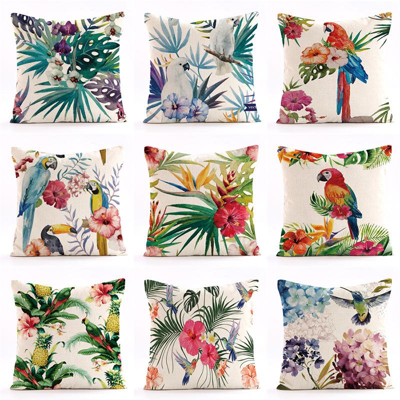 New Flower-and-bird Tropical Plant Waterproof Pillowcase, Printed Sofa Cushion, Detachable and Washable Pillow 45x45cm (Pillow Insert Not Included)