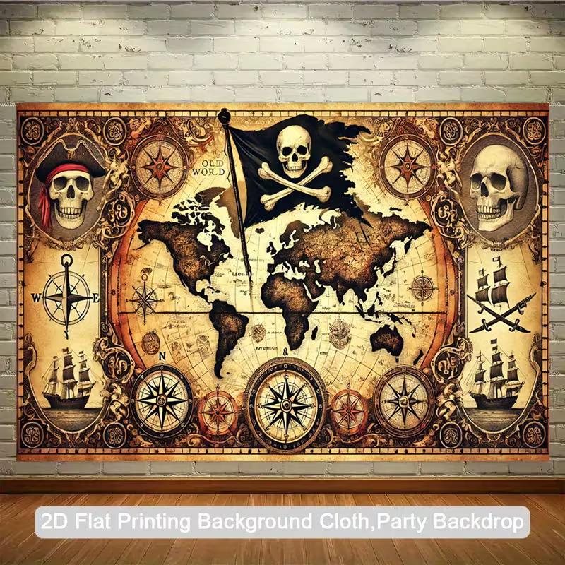 Vintage Pirate World Map Tapestry - Skull & Compass Wall Hanging Decor