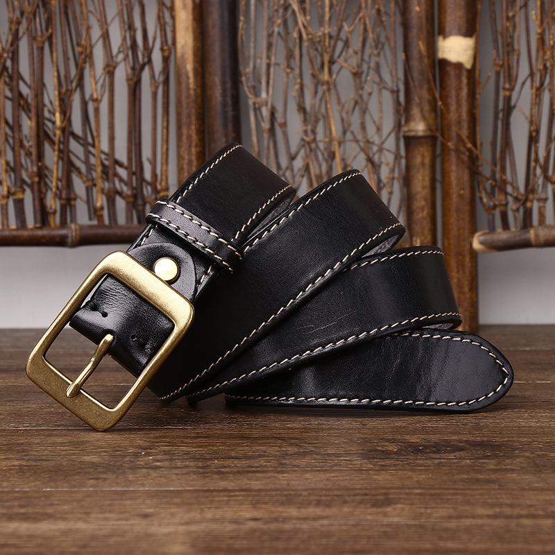 Handmade Retro Thick Thread Decoration Thickened First Layer Vegetable Tanned Leather Belt Men'S Genuine Leather Pin Buckle Versatile Casual Belt Men'