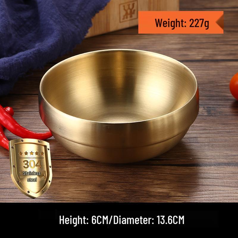 Golden Double-Layer Korean Cuisine Bowl - 304 Stainless Steel, Ideal for Rice, Soup, Kimchi, and Cold Noodles.