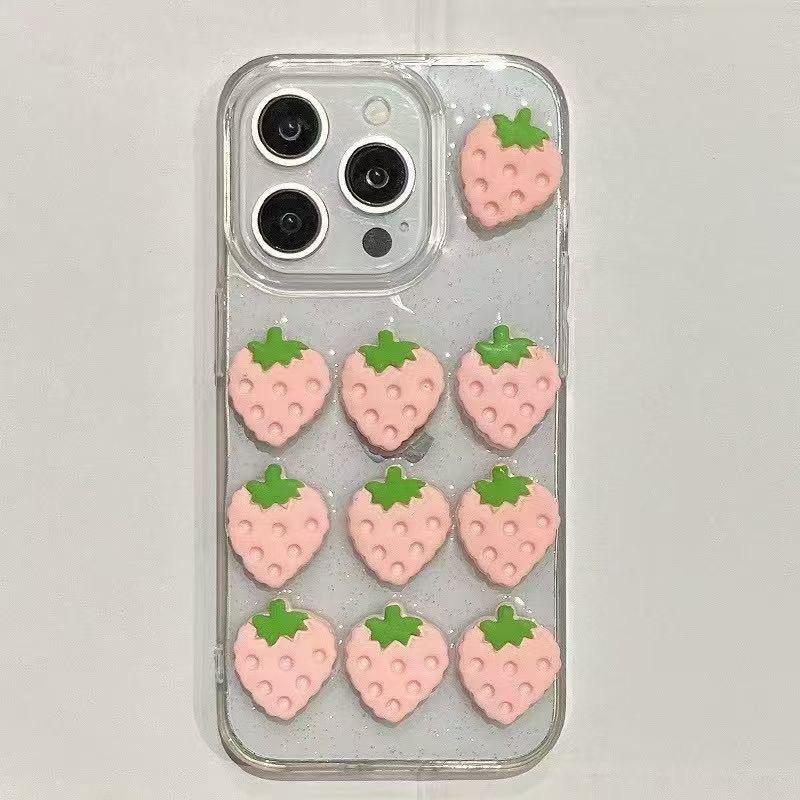

3D Strawberry Transparent Phone Case for IPhone 15 Promax Flash Powder for Apple 16 Pink Girl Heart 17 For iPhone 7/8/SE 2020