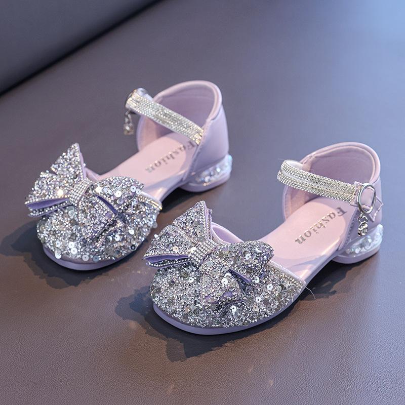 

Girls small high-heeled princess shoes with rhinestones2026Summer little girl s rhinestone big bow performance shoes crystal shoes 26-30Code one hand5Double фиолетовый