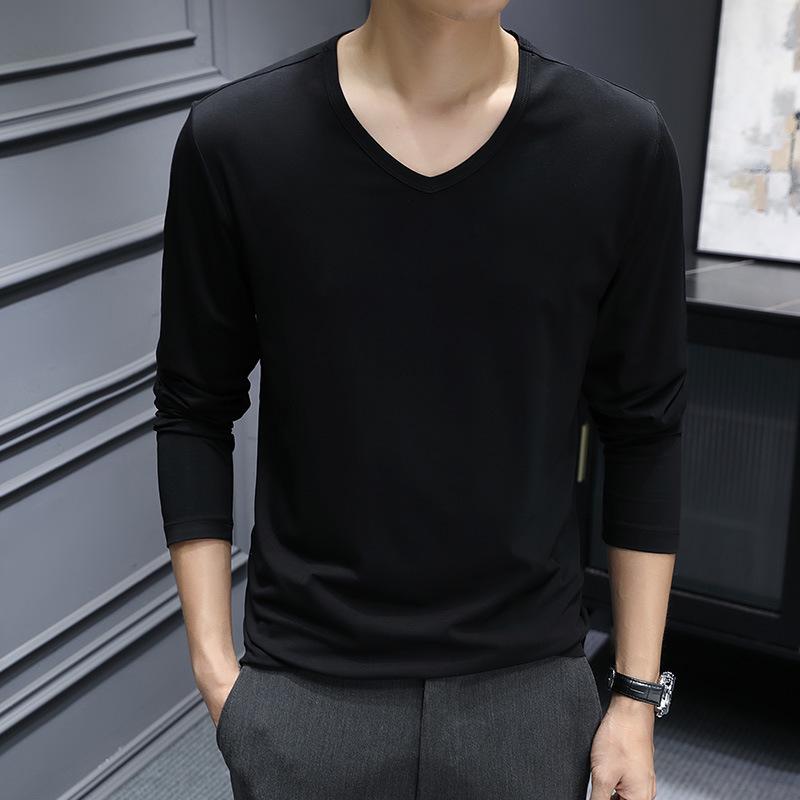 Męski T-shirt z dekoltem w serek z merceryzowanej modalu z długim rękawem - Jednolity kolor, Lekki, Idealny do warstwowania na wiosnę/jesień.