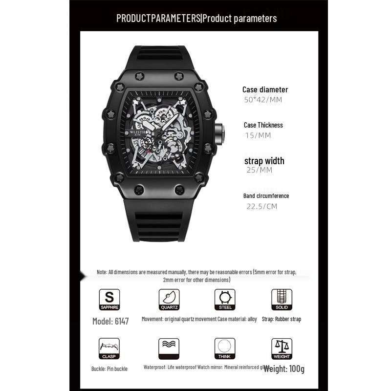 Swiss Brand Men's Sporty Mechanical Watch - Hollowed Large Dial, Luminous, Ideal for Students.