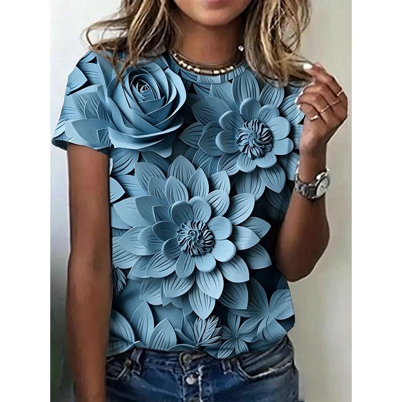 Camiseta de moda de verano para mujer, camiseta con estampado Floral 3d, Tops de talla grande, ropa para mujer, Top femenino de uso diario, camiseta de manga corta para mujer