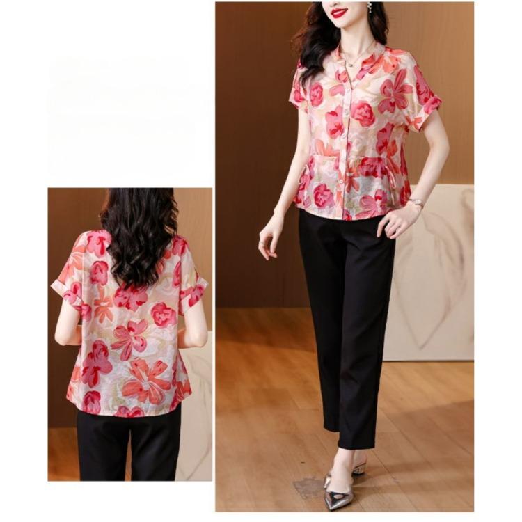 Summer Floral Blouse Women Loose Fit Slimming Beautiful Stylish Short Sleeve Shirt