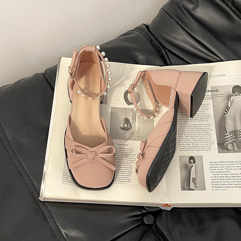 French Bow Thick Heel Mary Jane Shoes Female 2025 Summer New Fairy Style with Skirt High Heels Fashion Sandals