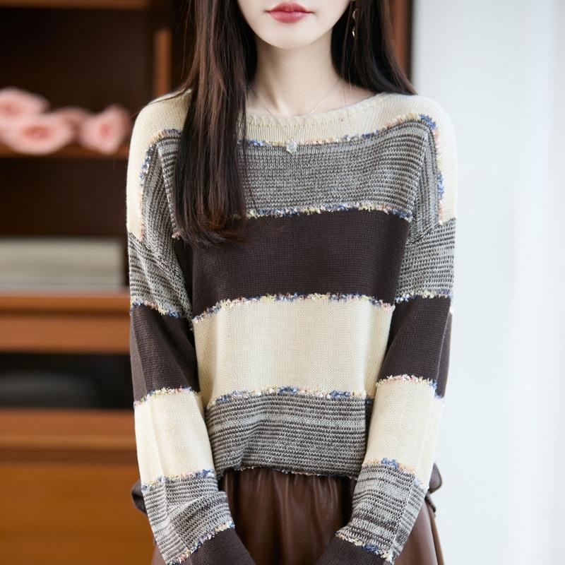 

Весенне-осенний новый стиль, повседневный вязаный свитер с круглым вырезом, женский полосатый базовый топ с длинными рукавами, в стиле колор-блок XL кофейный