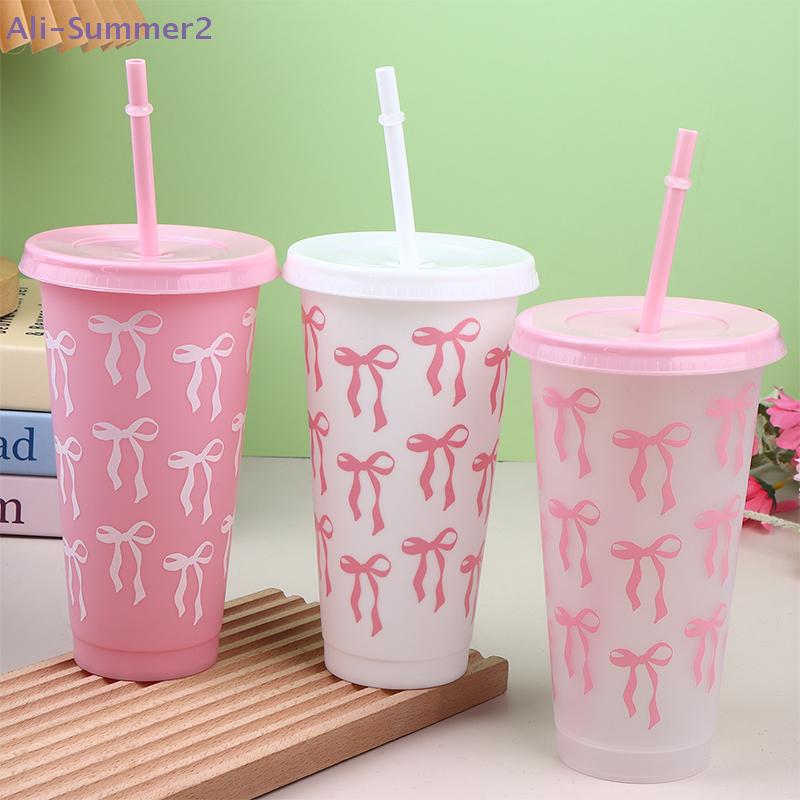 {Summer2} 710ML Kawaii Bow Reusable Party Cups With Straw Lid Coffee Juice Tea Cute Tumbler With Straw Plastic Cups Summer Gifts