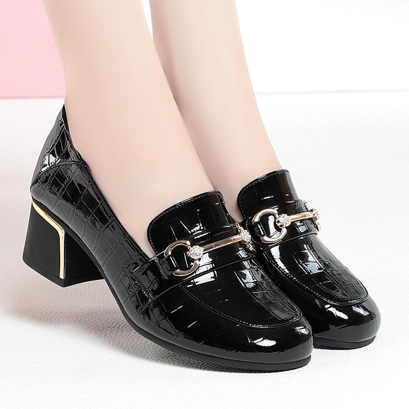 Spring Women Pumps Luxury Solid Patent Leather High Heels Fashion Square Toe Block Heel Shoes Office Slip-on Work Heels