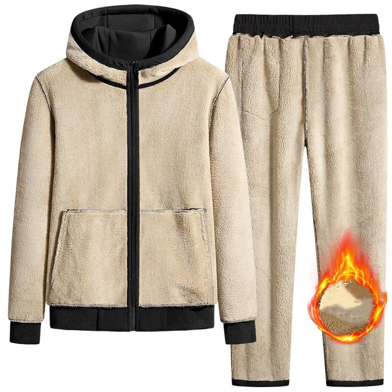 Winter Tracksuit Men Thick Warm Lamb Woolen Fleece Hooded 2 Piece Set Jacket+pants Sportswear