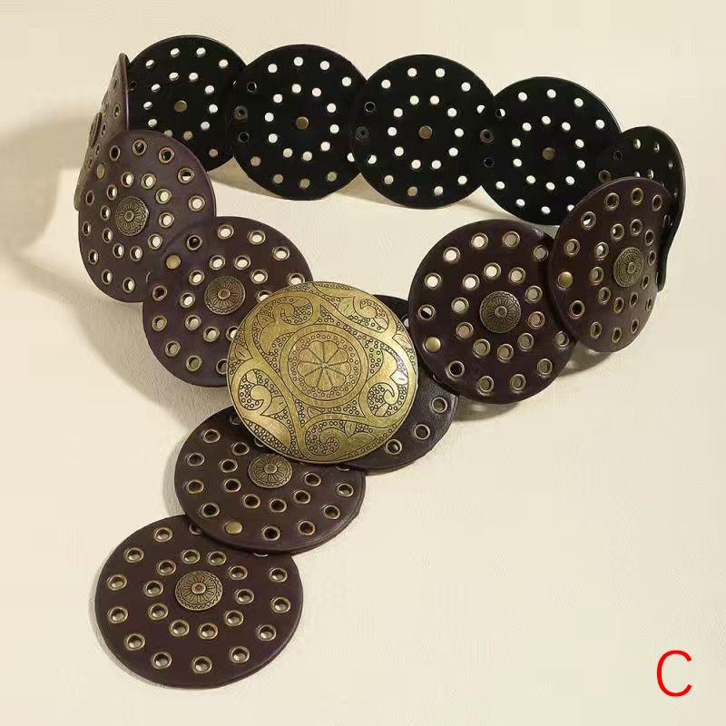 Curea Boho Disc Lată Femei Vintage Piele Pu Hollow Western Cowboy Cataramă metalică Curele cu lanț Curele rotunde exagerate