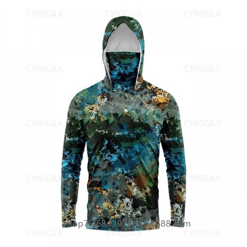 Mens Quick-Dry Ice Silk Long Sleeve Fishing Shirt With Hood Integrated Face Cover UV Protection Outdoor Sunproof Apparel