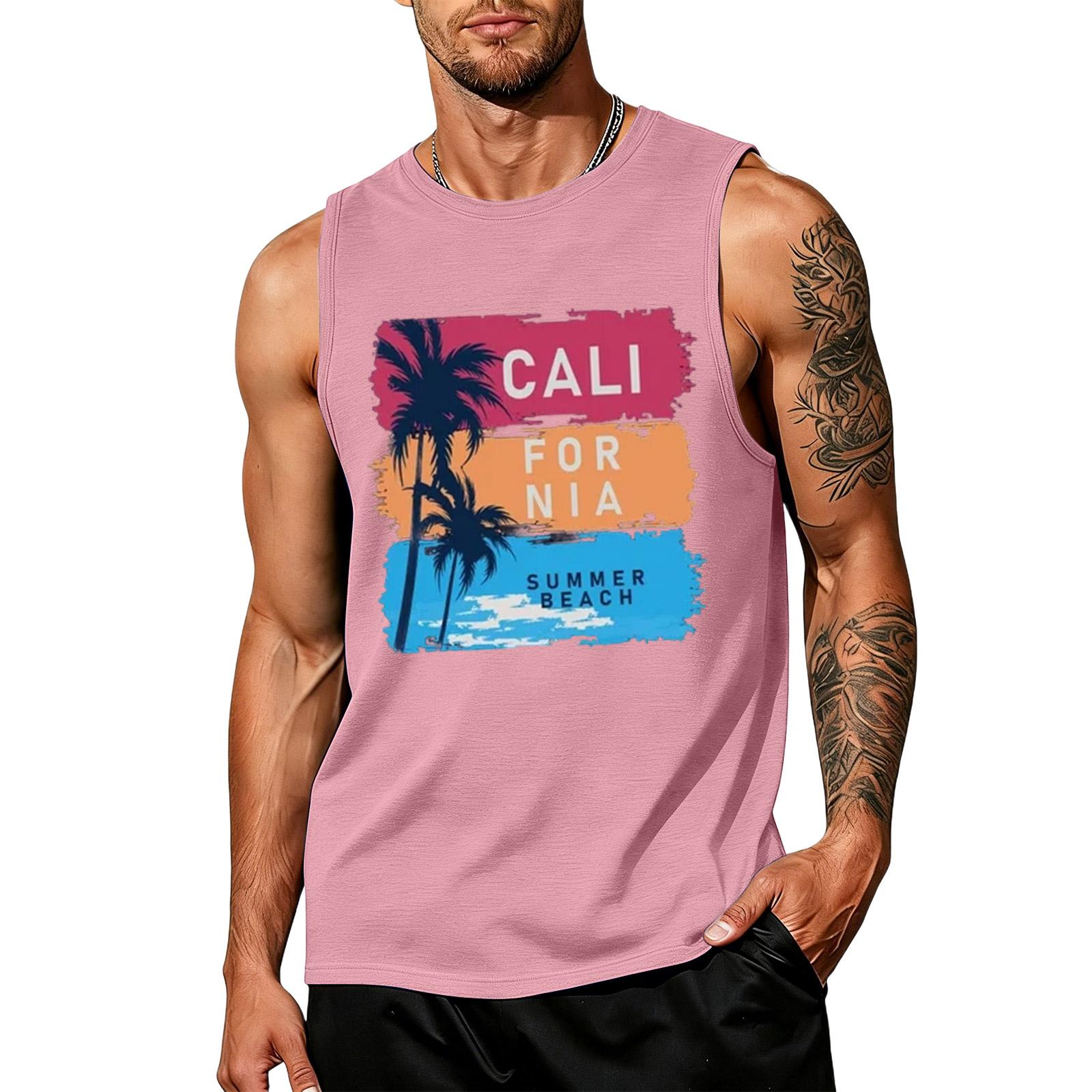 

Men Sleeveless Tank Top Summer Beach Print Crew Neck Loose Fit Casual Muscle Shirt S