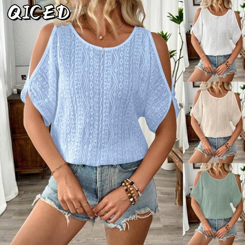 QICED Damen Mode Lässig O-Ausschnitt Kurzarm Blusen & Hemden