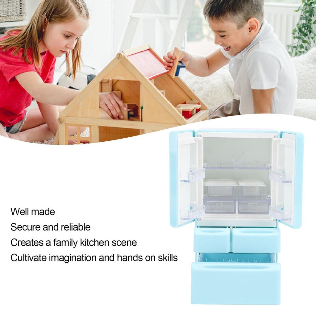 Dollhouse Miniature Fridge Model Dollhouse Kitchen Scene Accessories Realistic Double Door Refrigerator Toy for Doll House Pretend Play Sky Blue