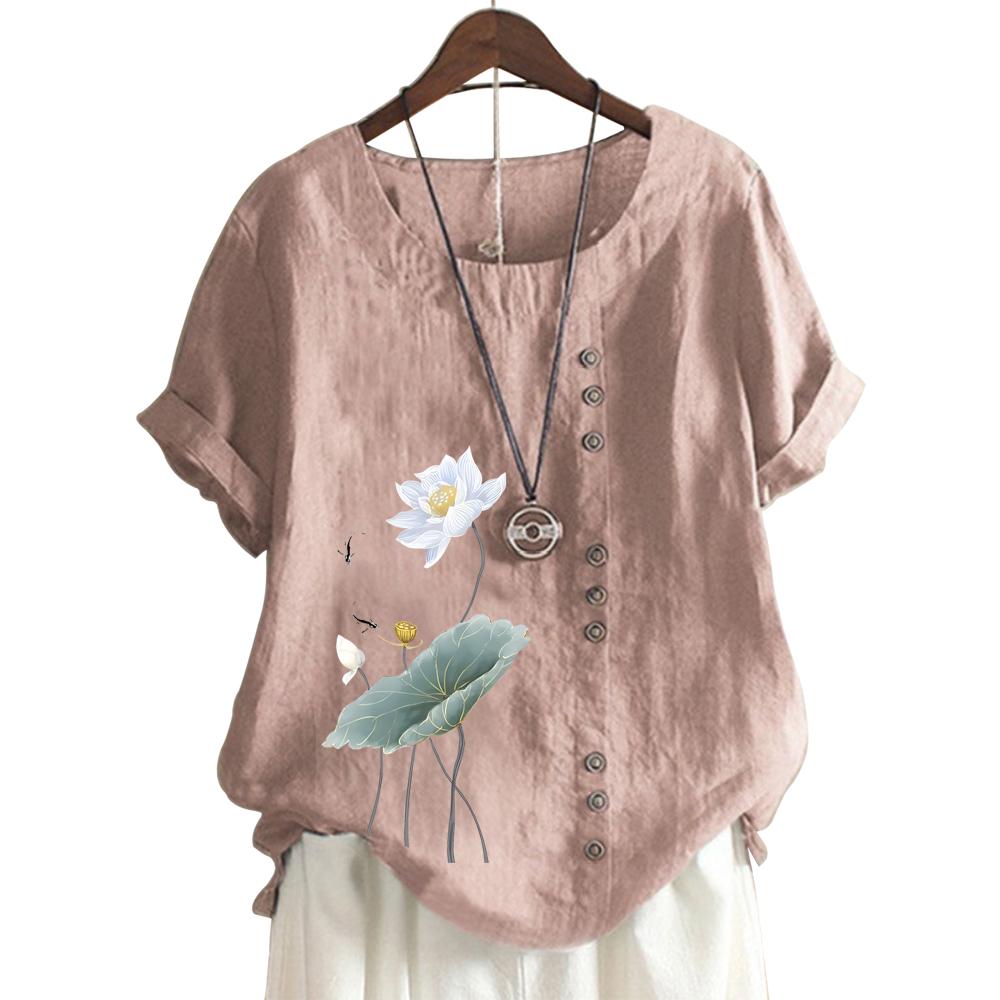Trendy Ladies' Short Sleeve Top with 11 Colorful Floral Patterns and Round Neck