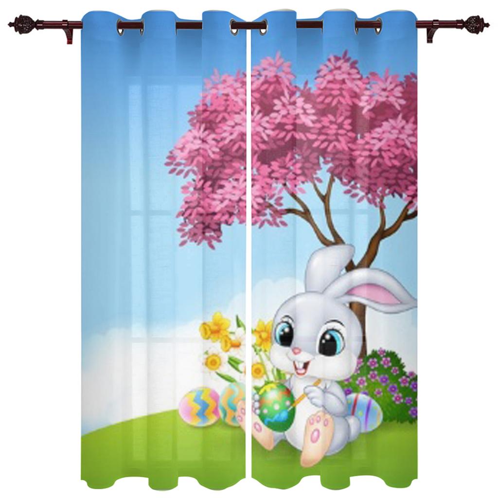 Modern Window Curtains Bunny Rabbit with Flowers Watercolor Luxury Fashion Curtains for Living Room Bedroom Kitchen Drapes
