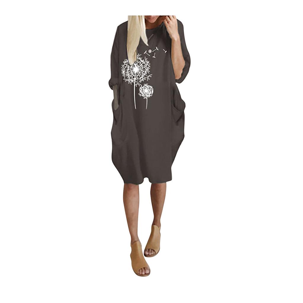 Women's Casual Loose Fit Pullover Dress with Round Neck and Pockets Featuring Printed Floral Design Comfortable Everyday Wear