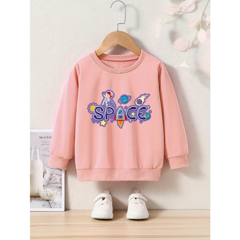 Cartoon Space Print Crew Neck Sweatshirt - Fabric Casual Active Pullover for Children - Regular Fit Applique Alphabet Pattern