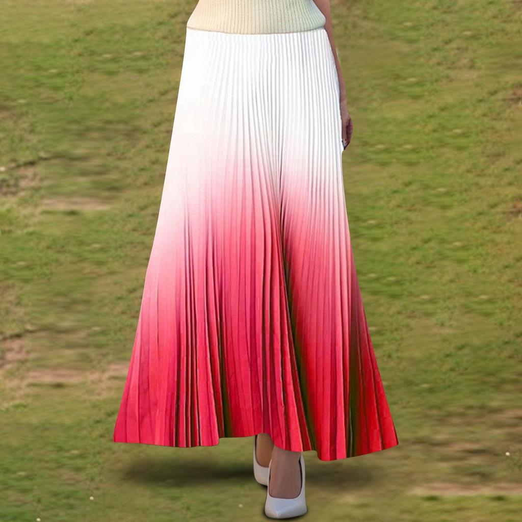 Women's  Casual Pleated Gradient Skirt, Pleated A-line Skirt, Large Swing Floor-length Skirt