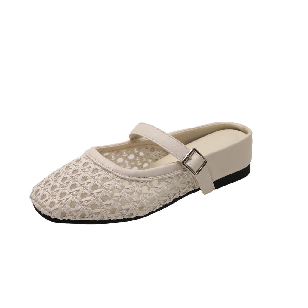 Retro hollow woven inner heightening bag head slippers women's 2025 new holiday style square head one-word buckle half slippers