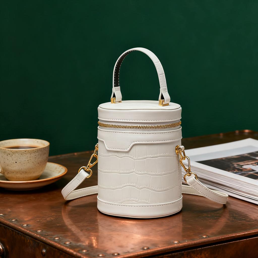 Modische Zylinder Handtasche Tote Damen PU Leder Verstellbar Elegant Umhängetasche für Tägliche Arbeit Weiß
