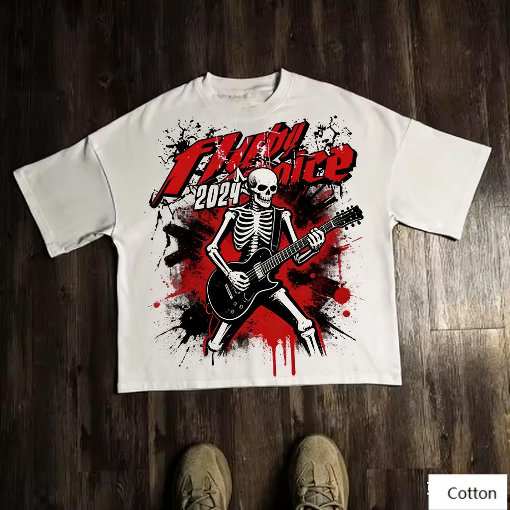 Oversized TShirt with Skeleton Guitar Graphic Loose Streetwear Style Soft Heavyweight Fabric Classic Crew Neck for Outfits