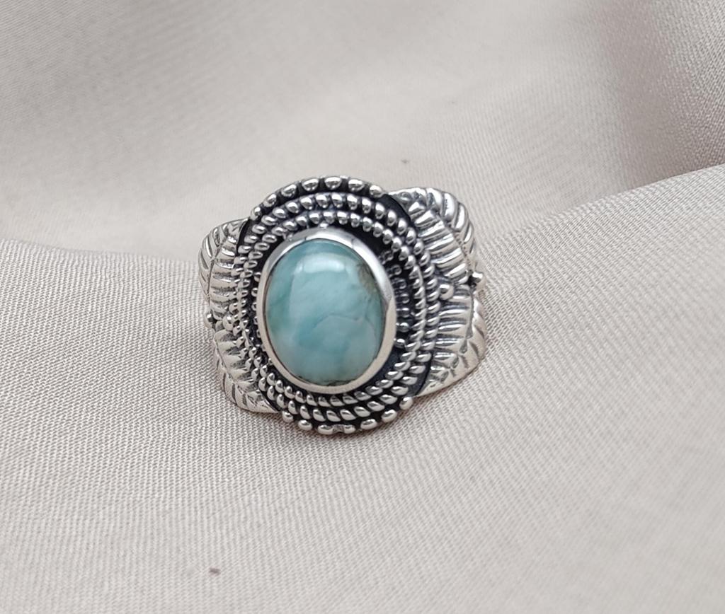 Larimar 925 Sterling Silver Ring: Oxidized Boho Statement Jewelry