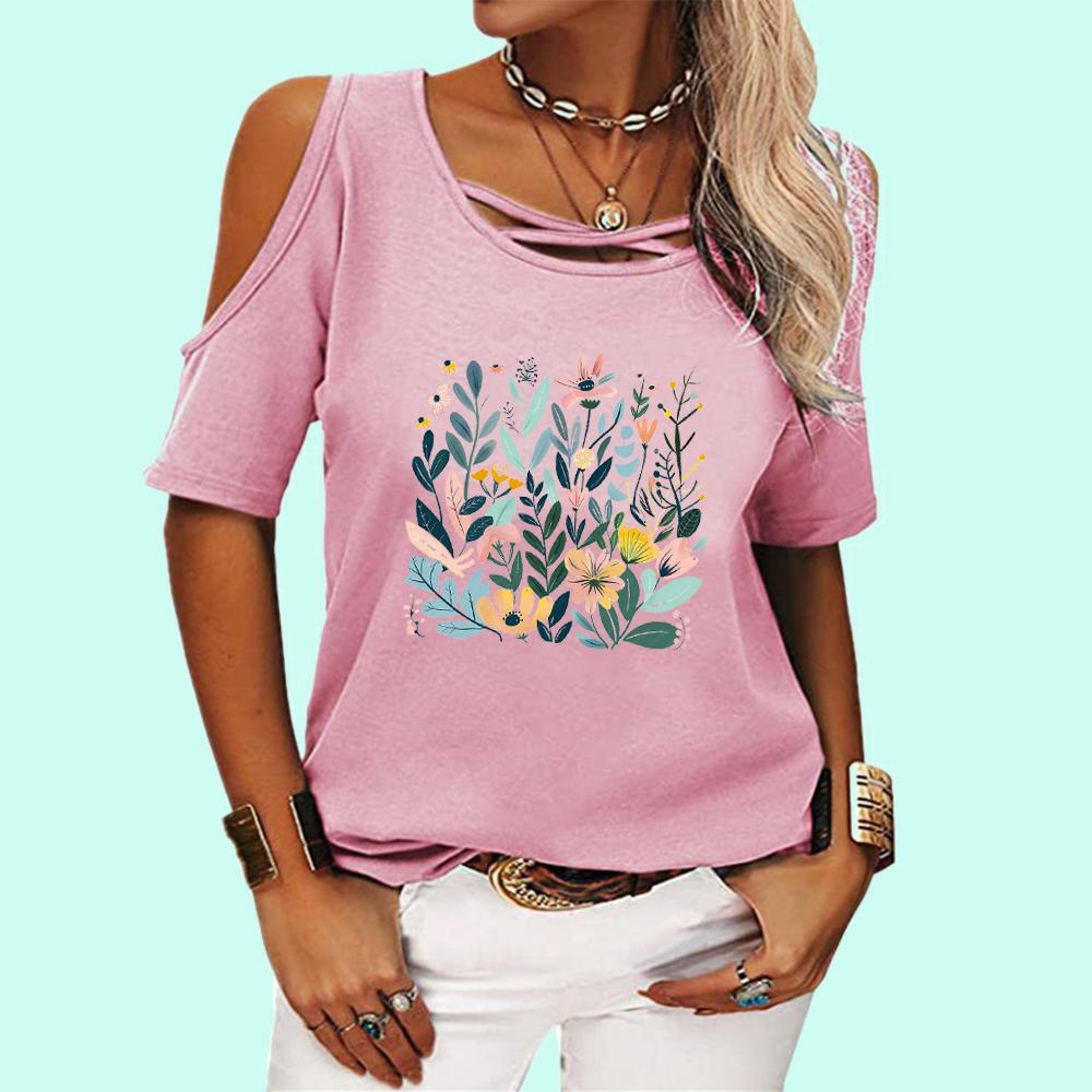 Damen schulterfreies T-Shirt Mode Rundhals Blumenmuster Top Damen lässiges Kurzarm-T-Shirt