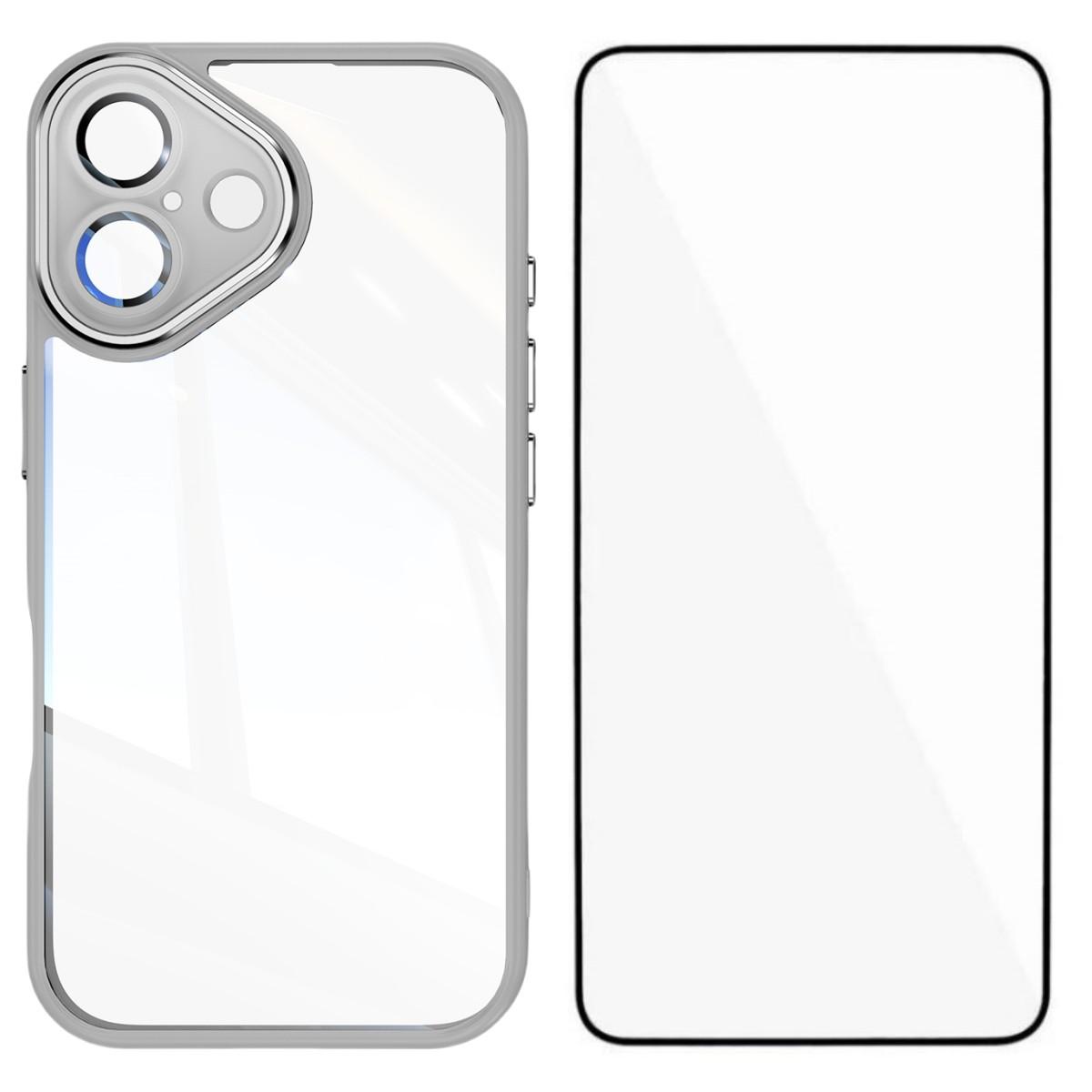 

For iPhone 16 TPU Case WANLONFENG Shockproof Clear Phone Cover with Tempered Glass Film Grey