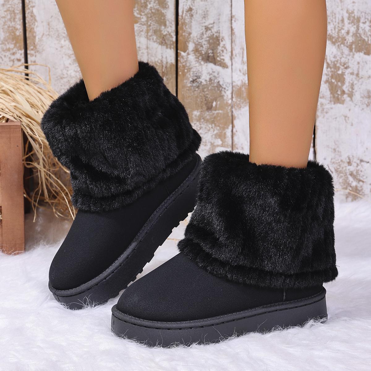 

Warm Faux Fur Boot Tube Snow Boots Women 2025 Winter Round Toe Soft Thick Bottom Medium Heel Ankle Boots Winter Cotton Shoes 44 чёрный