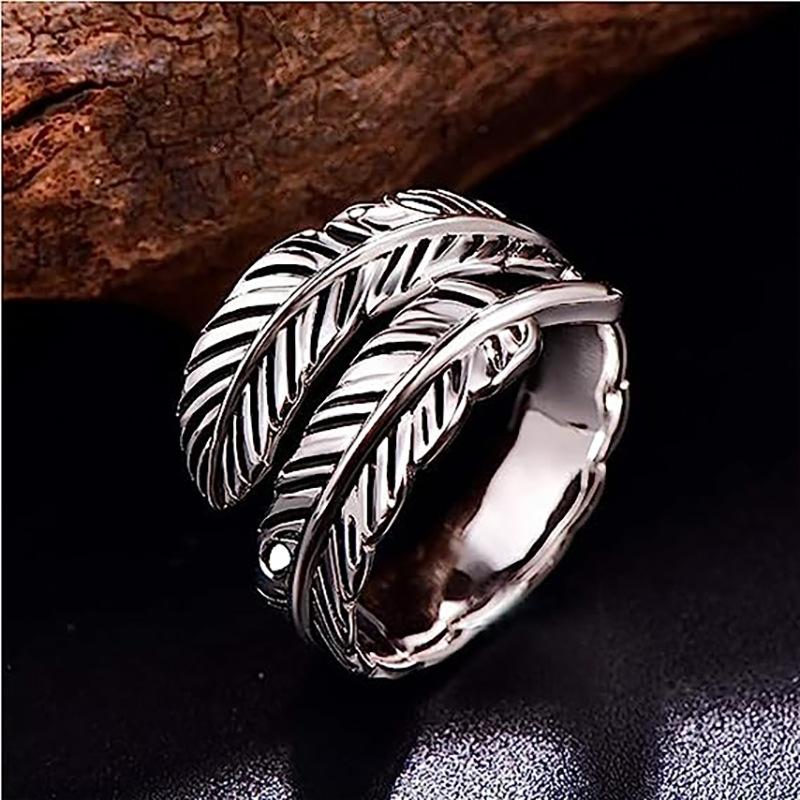 Sterling  Feather Shaped Open Ring for Women Punk Vintage Party Adjustable Finger Jewelry Retro Accessories