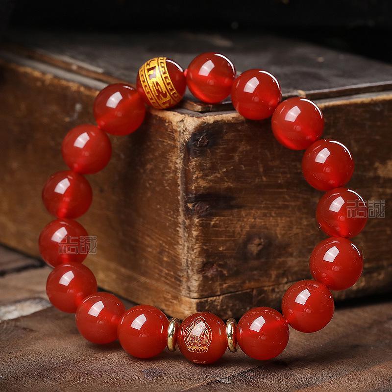 Three-Sided Black Obsidian & Red Agate Zodiac Guardian Bracelet with Gilded Mantra for Birth Year