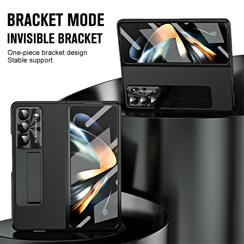 Luxury Plating Leather Lens Protection Kickstand Full Protect Case for Samsung Galaxy Z Fold 8 Ultra 6 5 4 3 With Tempered Glass